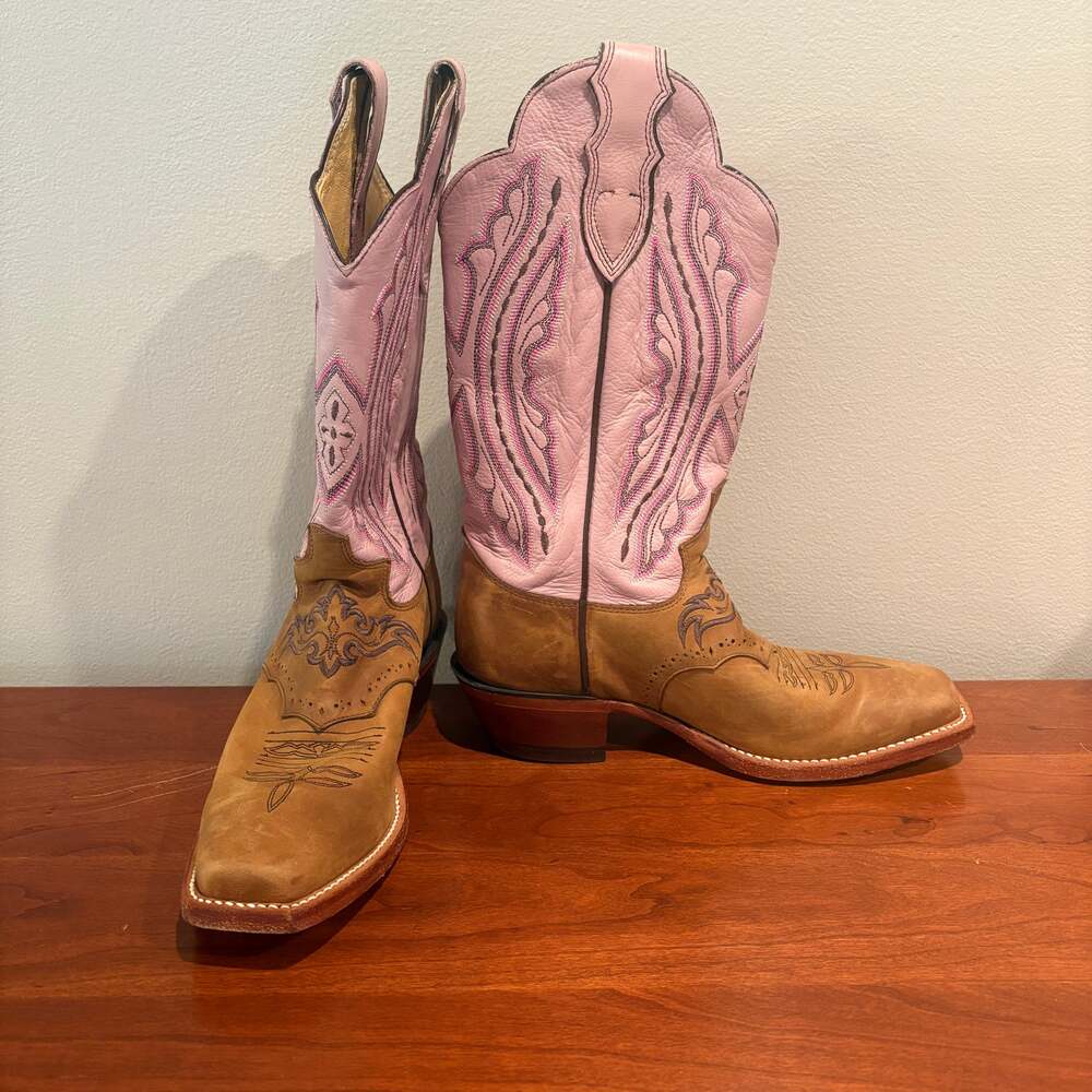 Justin USA Women's Cowboy Boots 6.5 B Pink Brown Leather Embroidered Western